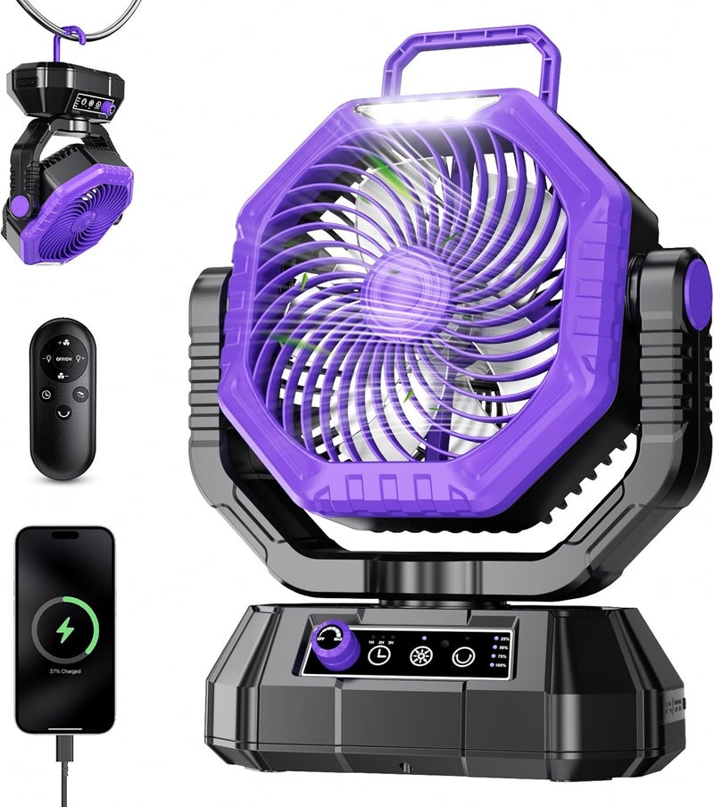 AJVV Camping Fan Rechargeable, Battery Powered Fan With Remote Controller, LED Light, Dual Motors, Stepless Speed, 45°/90°/270° Swing,Timer, Portable fan For Travel/Tent/Beach/Fishing,Violet - Image 1